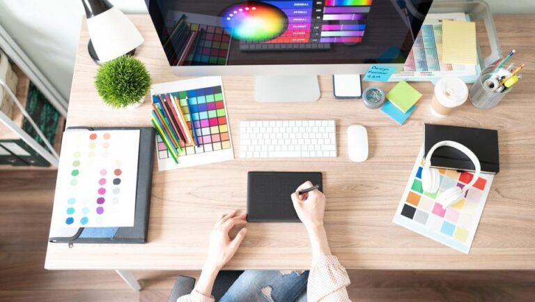 Creative graphic design dashboard displaying digital design elements, branding visuals, marketing graphics, UI design components, and content creation tools.