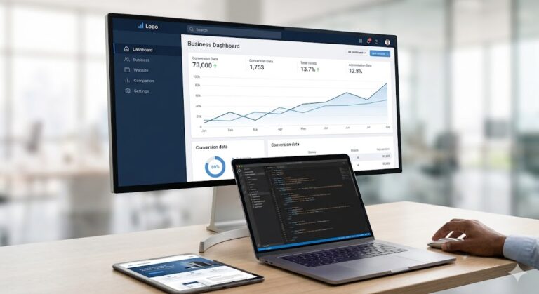 An experienced website development freelancer collaborating closely with a business client, reviewing optimized website code and responsive design structure on a laptop.